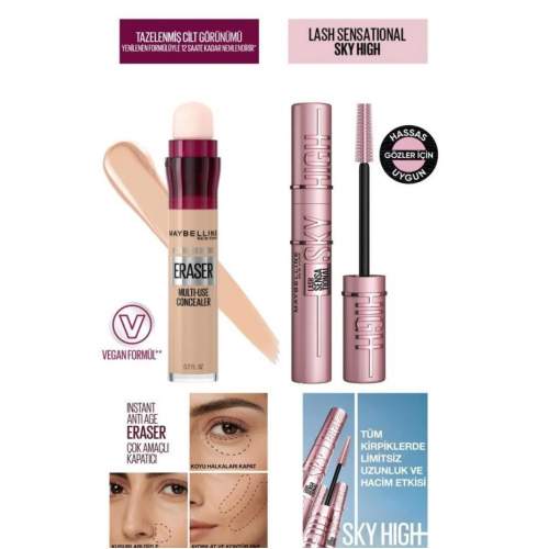 Maybelline Instant Anti Age Eraser 01 Light Kapatıcı + Lash Sensational Sky High Maskara Maybelline Instant Anti Age Eraser 01 Light Kapatıcı + Lash Sensational Sky High Maskara