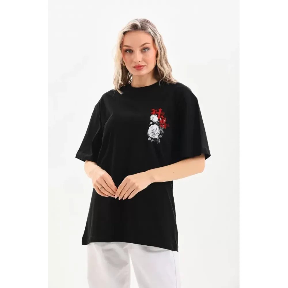 Unisex Baskılı Oversize T-Shirt - Siyah