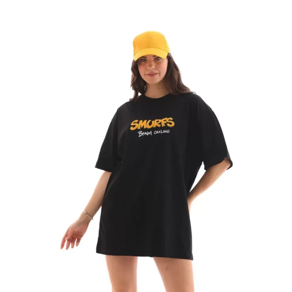 Unisex Bisiklet Yaka Baskılı Oversize T-Shirt - Siyah