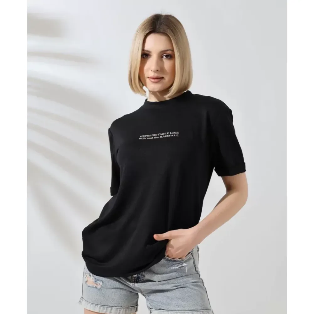 Unisex Bisiklet Yaka Baskılı Slim Fit T-Shirt - Siyah