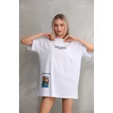 Unisex Bisiklet Yaka Baskılı Oversize T-Shirt - Beyaz