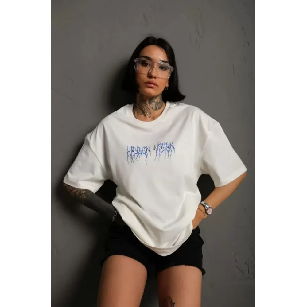 Unisex Bisiklet Yaka Baskılı Oversize T-Shirt - Beyaz