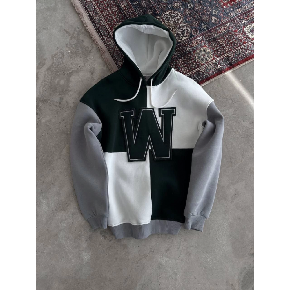 W Nakış İşlemeli Kapüşonlu Sweatshirt - Haki