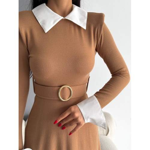 Kadın Uzun Kol Gömlek Yaka Ve Vatka Detay Kemer Dahil Midi Boy Elbise Kadın Uzun Kol Gömlek Yaka Ve Vatka Detay Kemer Dahil Midi Boy Elbise