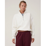 Oversize Yarım Farmuarlı Yakalı Basic SweatShirt - Beyaz