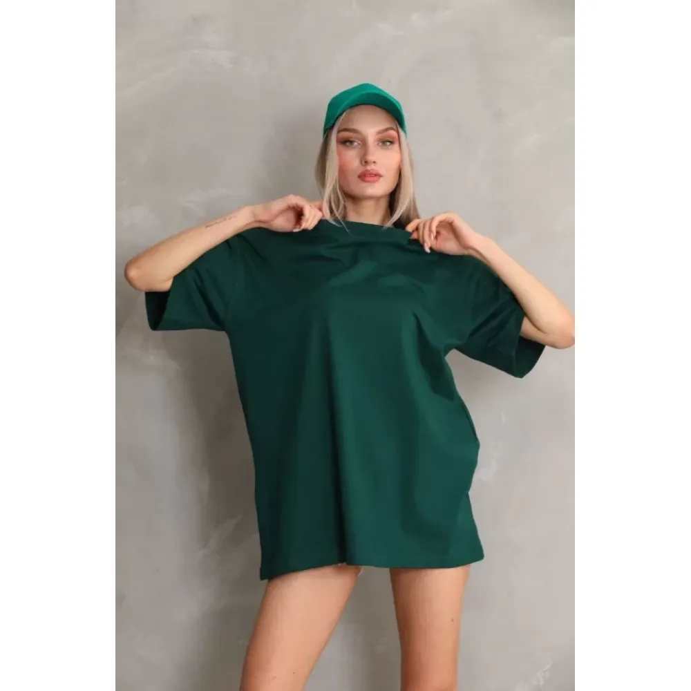 Unisex Bisiklet Yaka 20/1 Düz Oversize T-Shirt - Yeşil