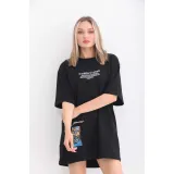 Unisex Bisiklet Yaka Baskılı Oversize T-Shirt - Siyah