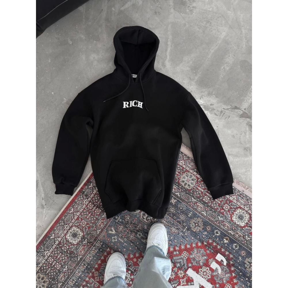 Uzun Kol Kapşonlu Göğüs Baskılı SweatShirt - Siyah