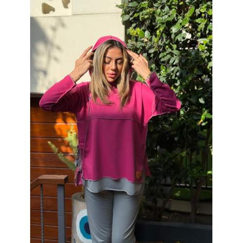 Kadın Pembe Kapşonlu Etek Ucu Detay Arma Ters Dikiş Gorunumlu Ikili Takım Kadın Pembe Kapşonlu Etek Ucu Detay Arma Ters Dikiş Gorunumlu Ikili Takım