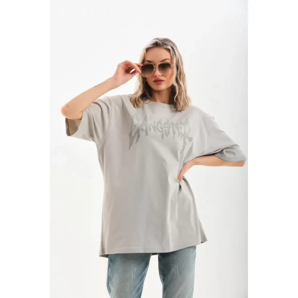 Unisex Taş Desenli Oversize T-Shirt - Gri