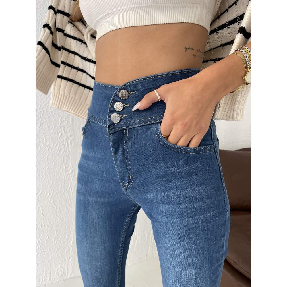 Yüksek Bel Likralı Jean Pantolon 90 Cm