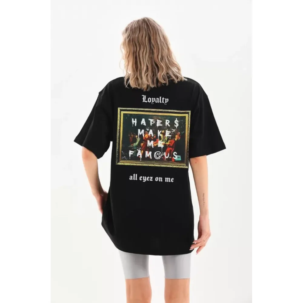 Unisex Baskılı Oversize T-Shirt - Siyah