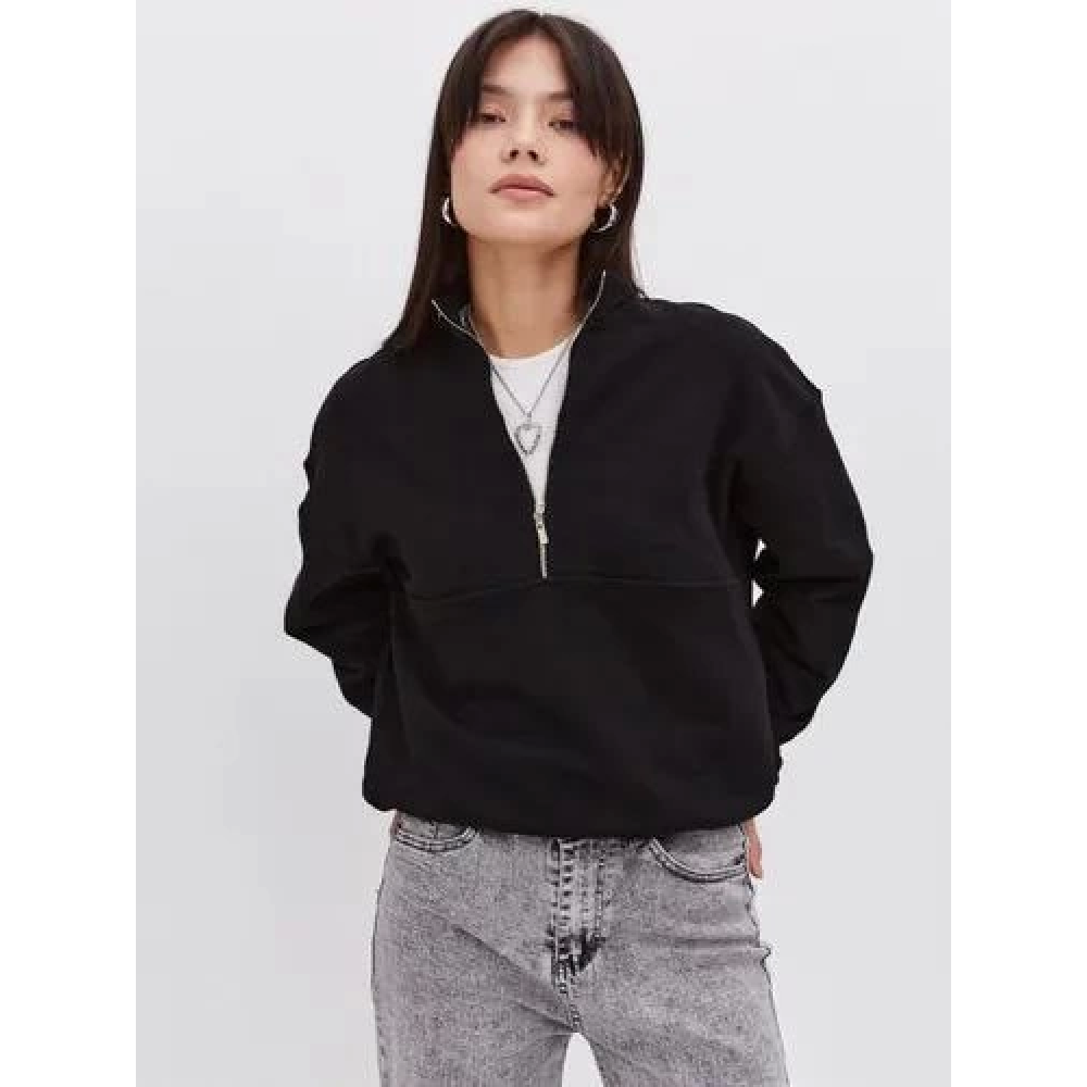 Oversize Yarım Farmuarlı Yakalı Basic SweatShirt - Siyah