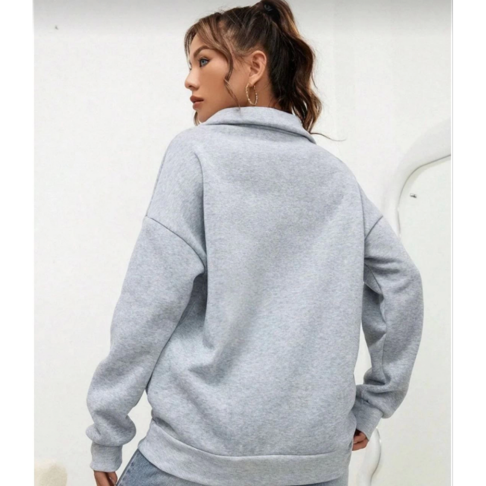 Unisex Uzun Kol Yarım Farmuarlı Yakalı Basic SweatShirt - Gri