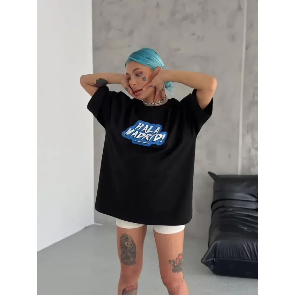 Unisex Bisiklet Yaka Baskılı Oversize T-Shirt - Siyah