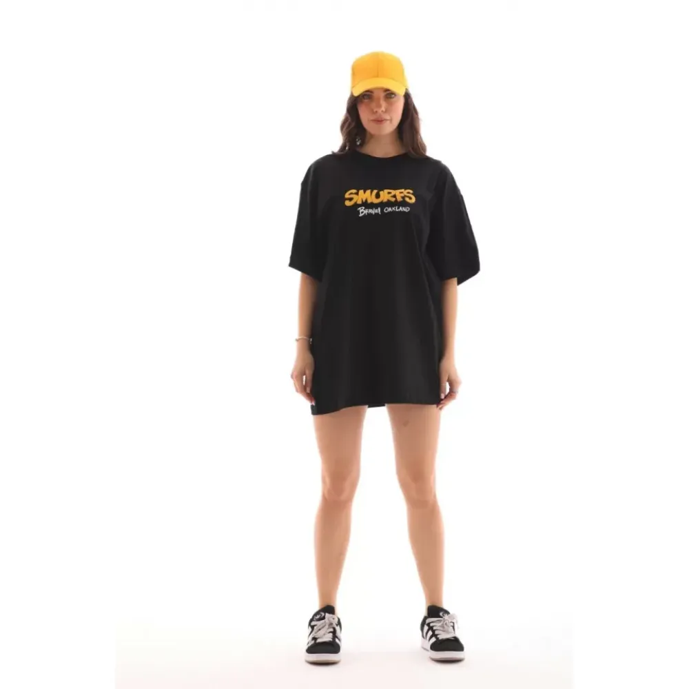 Unisex Bisiklet Yaka Baskılı Oversize T-Shirt - Siyah