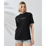 Unisex Bisiklet Yaka Baskılı Slim Fit T-Shirt - Siyah