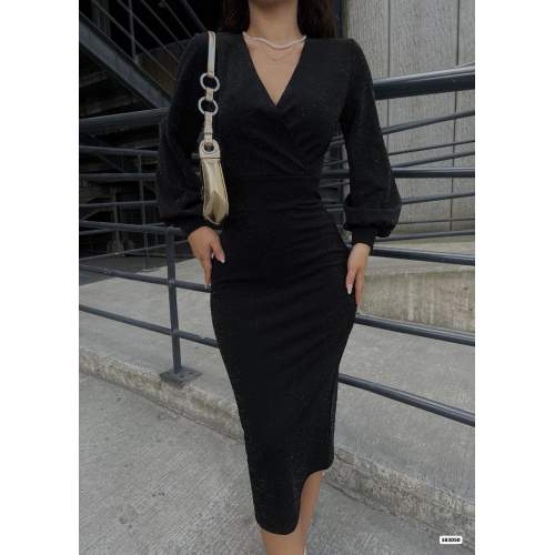 Kadın Kruvaze Yaka Balon Kol Simli Krep Kumaş Midi Boy Elbise Kadın Kruvaze Yaka Balon Kol Simli Krep Kumaş Midi Boy Elbise