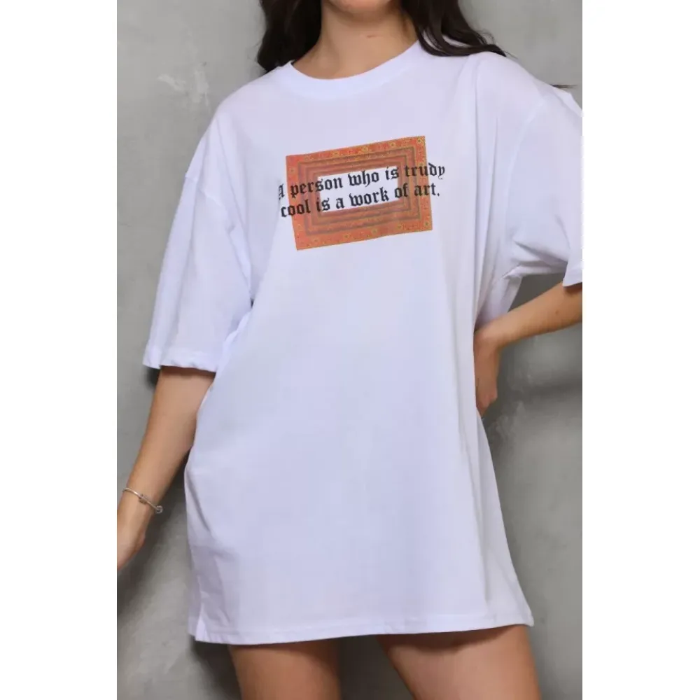 Unisex Bisiklet Yaka Baskılı Oversize T-Shirt - Beyaz