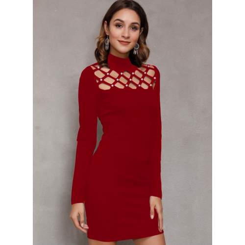 Kadın Uzun Kollu Bisiklet Yaka Lazer Kesim Inci Detay Viskon Iki Iplik Mini Boy Elbise Kadın Uzun Kollu Bisiklet Yaka Lazer Kesim Inci Detay Viskon Iki Iplik Mini Boy Elbise