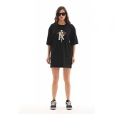 Unisex Bisiklet Yaka Baskılı Oversize T-Shirt - Siyah