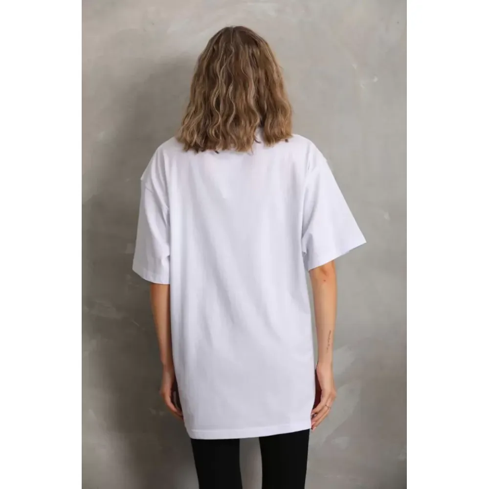 Unisex Taş Desenli Oversize T-Shirt - Beyaz