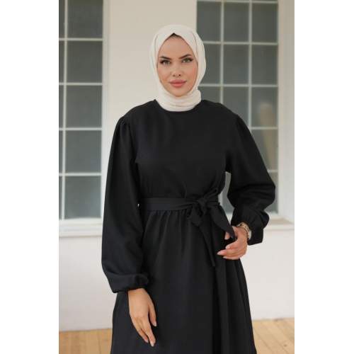 Kadın Uzun Kol Bisiklet Yaka Belden Bağlamalı Elbise Kadın Uzun Kol Bisiklet Yaka Belden Bağlamalı Elbise