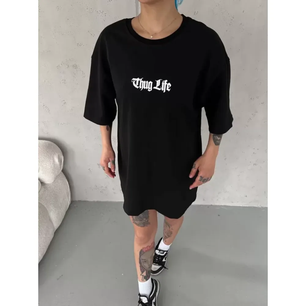 Unisex Bisiklet Yaka Baskılı Oversize T-Shirt - Siyah