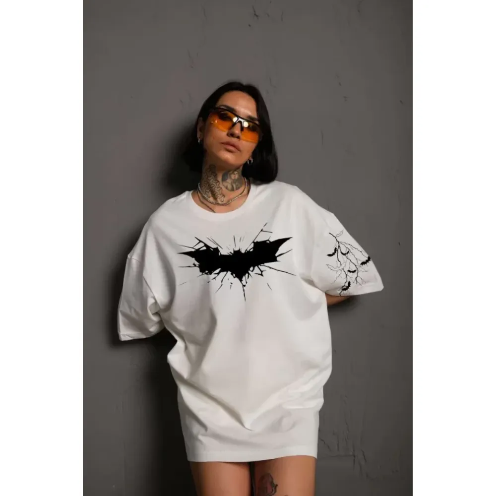 Unisex Ön Ve Kol Baskılı Oversize T-shirt - Beyaz