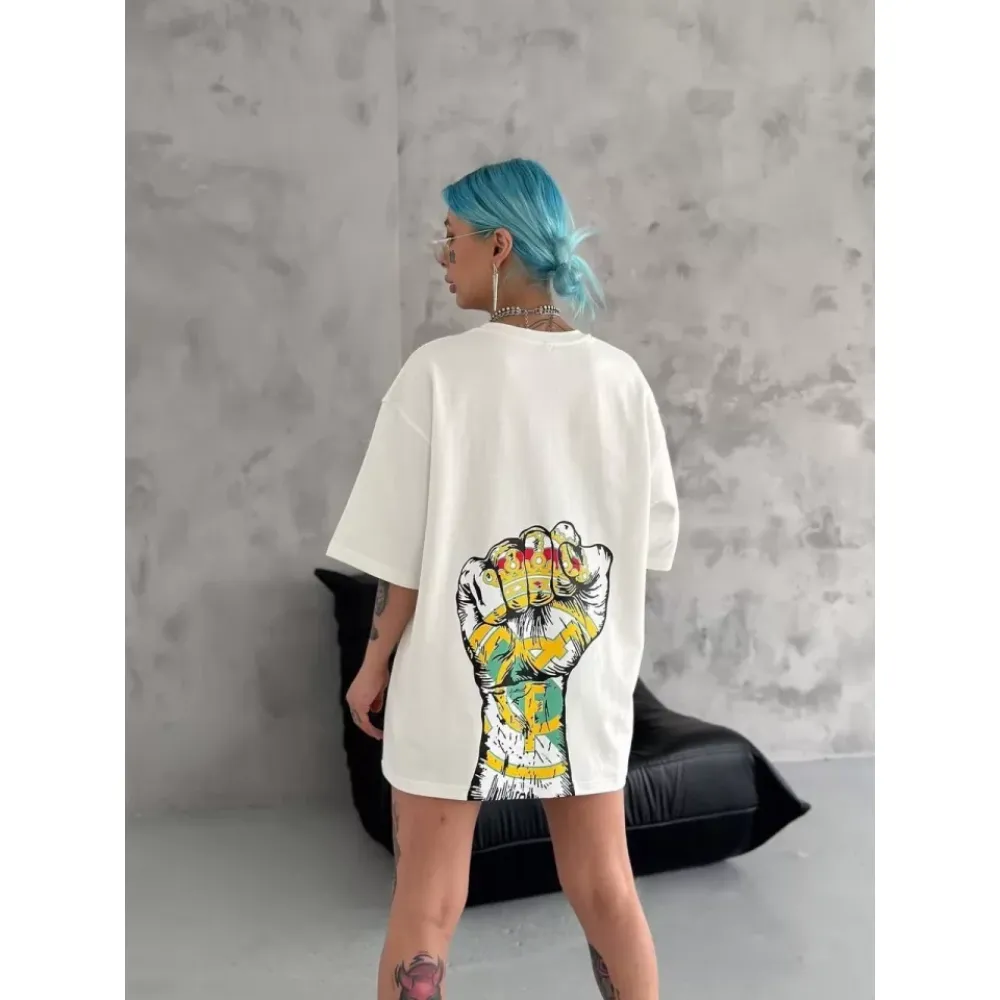 Unisex Bisiklet Yaka Baskılı Oversize T-Shirt - Beyaz