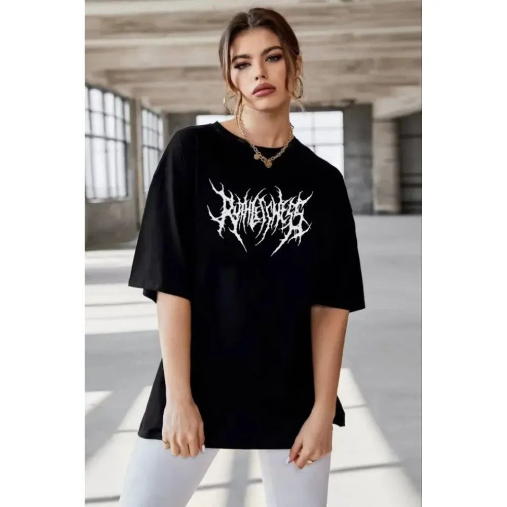 Unisex Bisiklet Yaka Baskılı Oversize T-Shirt - Siyah