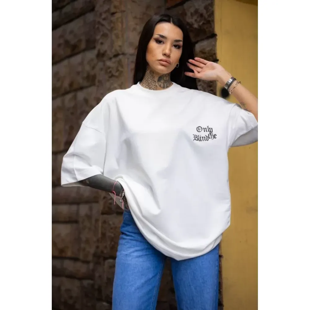 Unisex Bisiklet Yaka Baskılı Oversize T-Shirt - Beyaz