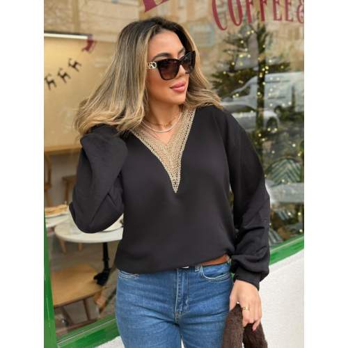 Kadın Uzun Kollu V Dantel Yaka şardonsuz üç Iplik Bluz Kadın Uzun Kollu V Dantel Yaka şardonsuz üç Iplik Bluz