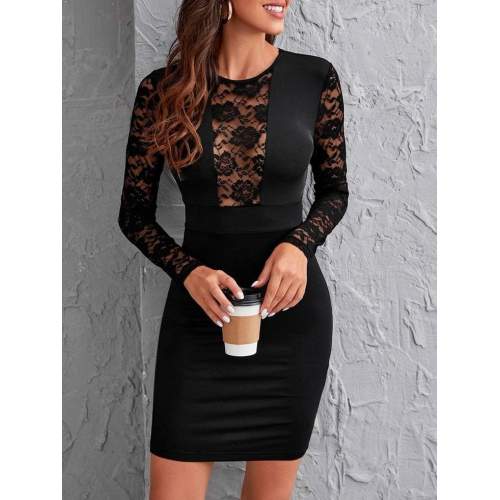 Kadın Uzun Kollu Bisiklet Yaka Kol Vegöğüs Tül Detay Krep Elbise Kadın Uzun Kollu Bisiklet Yaka Kol Vegöğüs Tül Detay Krep Elbise