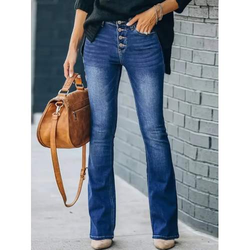 Kadın Yüksek Bel önden Düğmeli Cep Detay Ispanyol Paça Denim Pantolon Kadın Yüksek Bel önden Düğmeli Cep Detay Ispanyol Paça Denim Pantolon