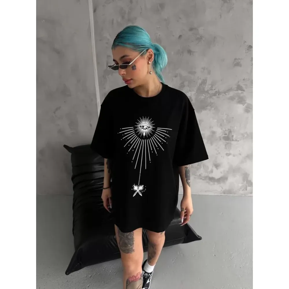 Unisex Bisiklet Yaka Baskılı Oversize T-Shirt - Siyah