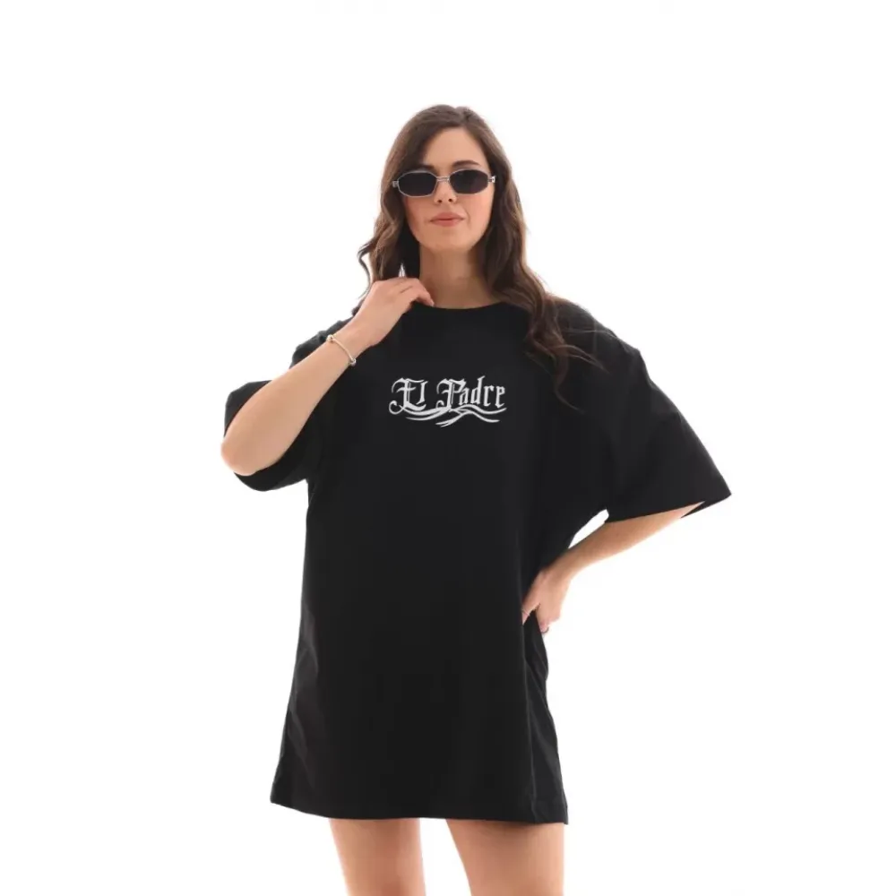 Unisex Bisiklet Yaka Baskılı Oversize T-Shirt - Siyah