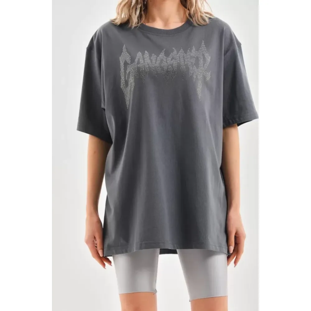 Unisex Taş Desenli Oversize T-Shirt - Füme