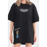 Unisex Bisiklet Yaka Baskılı Oversize T-Shirt - Siyah