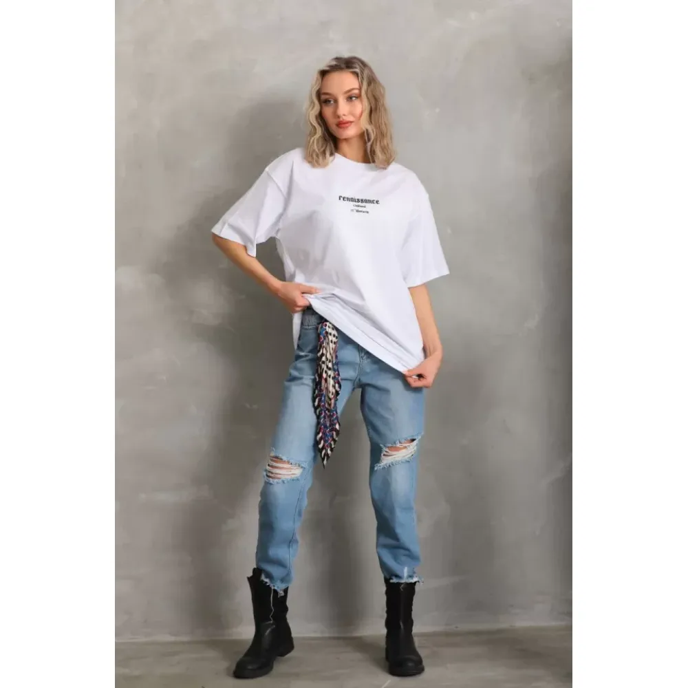 Unisex Baskılı Oversize T-Shirt - Beyaz