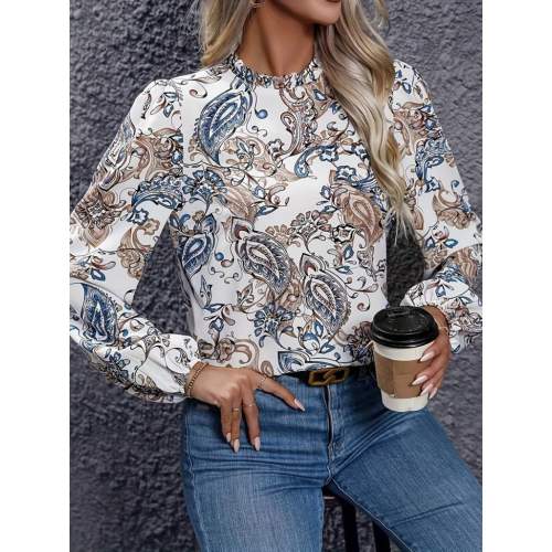 Kadın Uzun Kollu Yarı Balıkçı Yaka Desenli Süprem Bluz Kadın Uzun Kollu Yarı Balıkçı Yaka Desenli Süprem Bluz