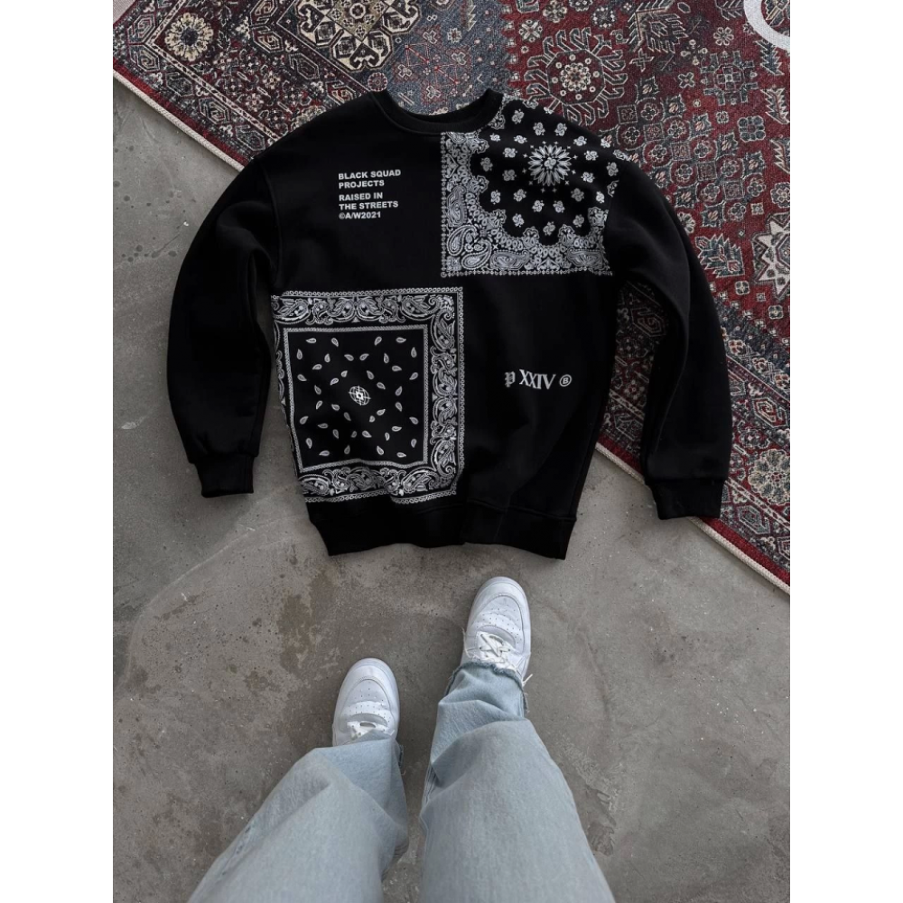 Desenli Üç İplik Bisiklet Yaka Oversize SweatShirt - Siyah