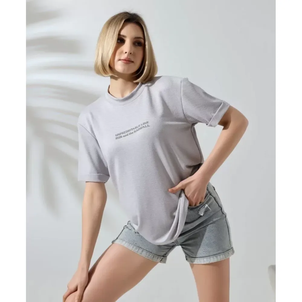 Unisex Bisiklet Yaka Baskılı Slim Fit T-Shirt - Boyalı Gri