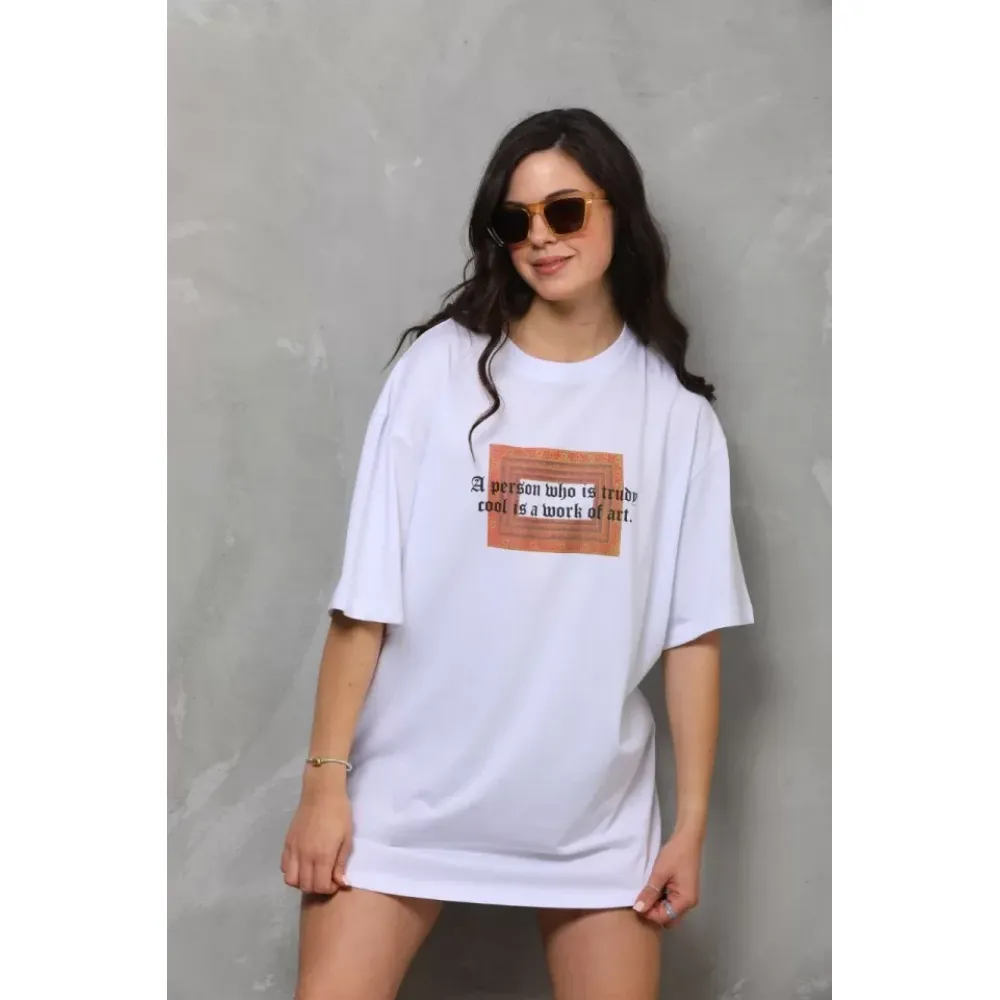 Unisex Bisiklet Yaka Baskılı Oversize T-Shirt - Beyaz