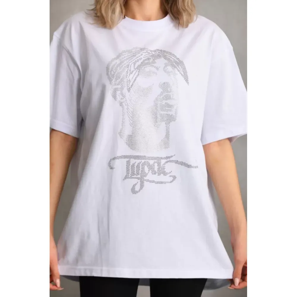 Unisex Taş Desenli Oversize T-Shirt - Beyaz