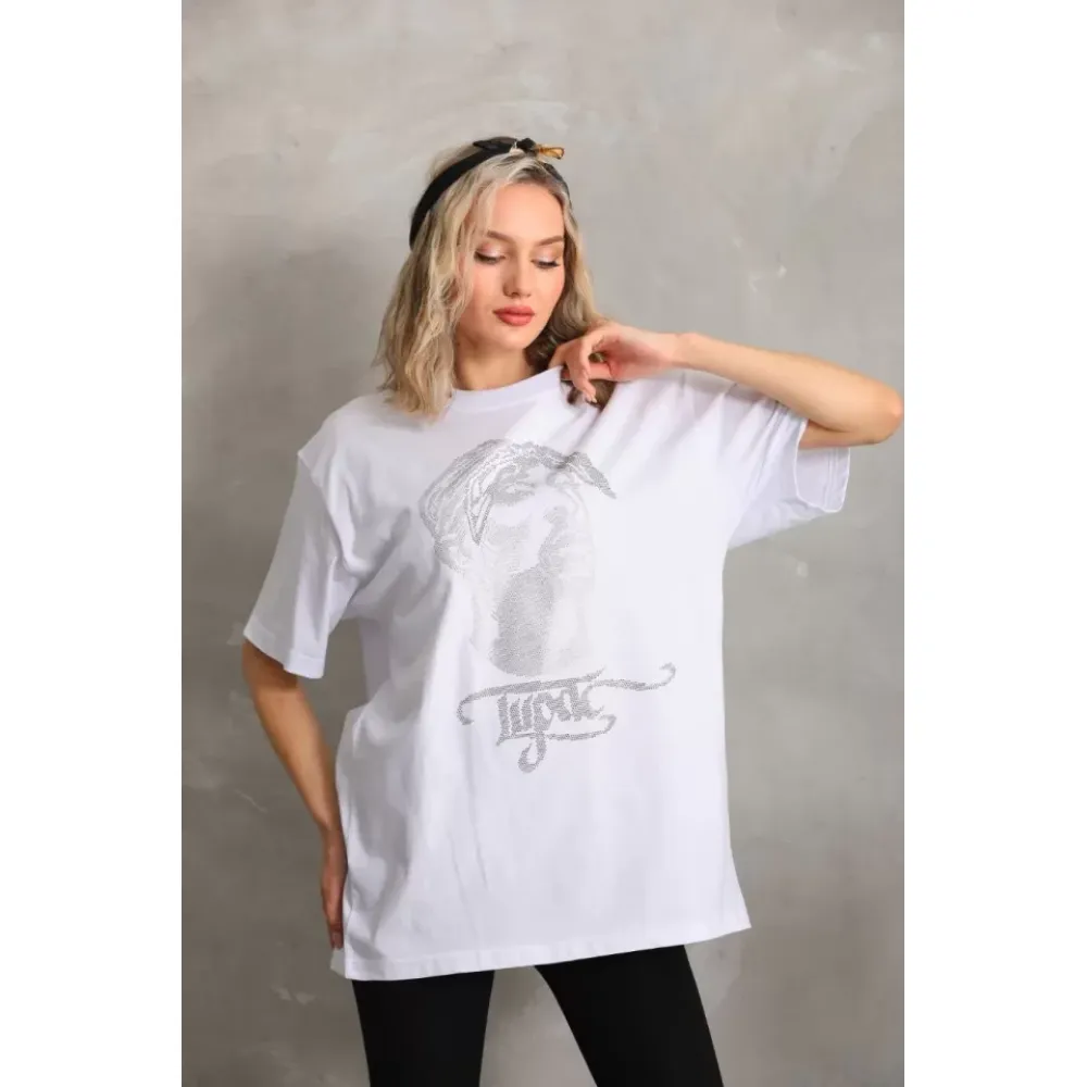 Unisex Taş Desenli Oversize T-Shirt - Beyaz