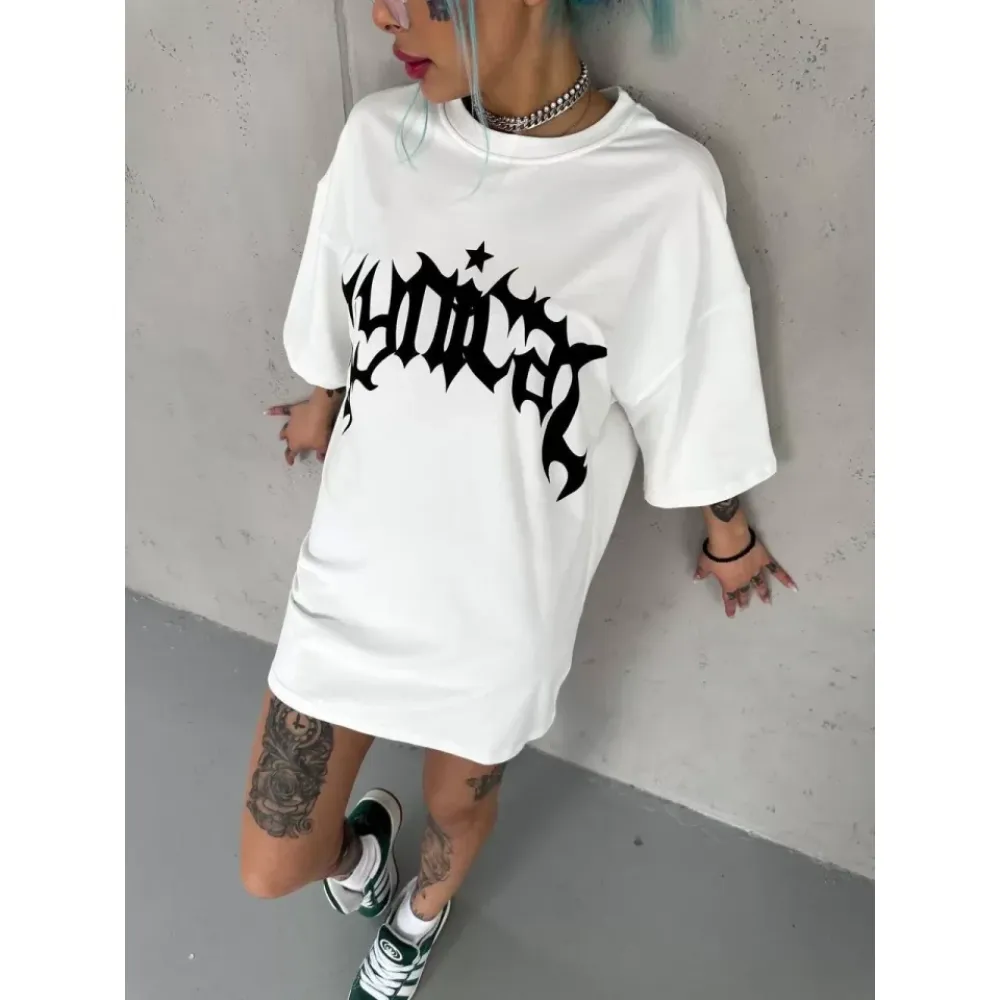 Unisex Bisiklet Yaka Baskılı Oversize T-Shirt - Beyaz