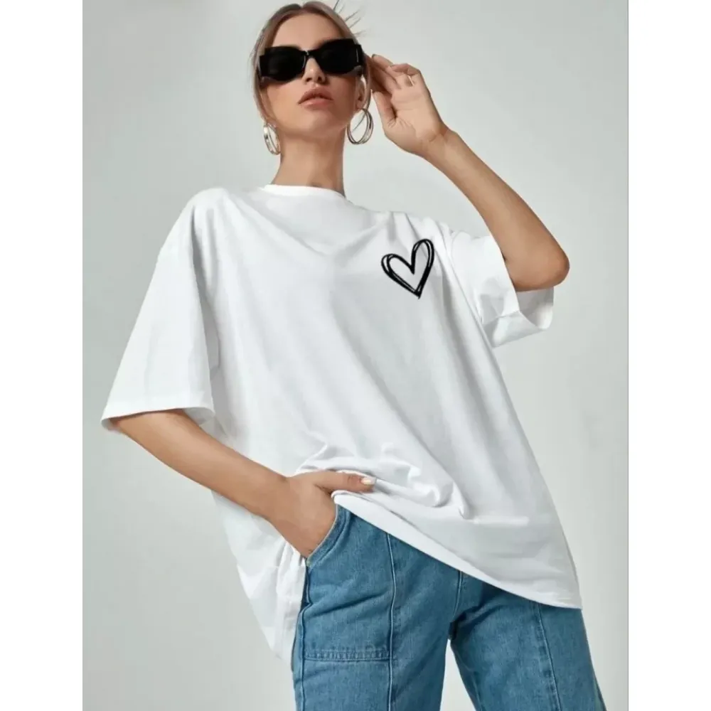 Bisiklet Yaka Baskılı Oversize T-Shirt - Beyaz