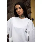 Unisex Bisiklet Yaka Baskılı Oversize T-Shirt - Beyaz