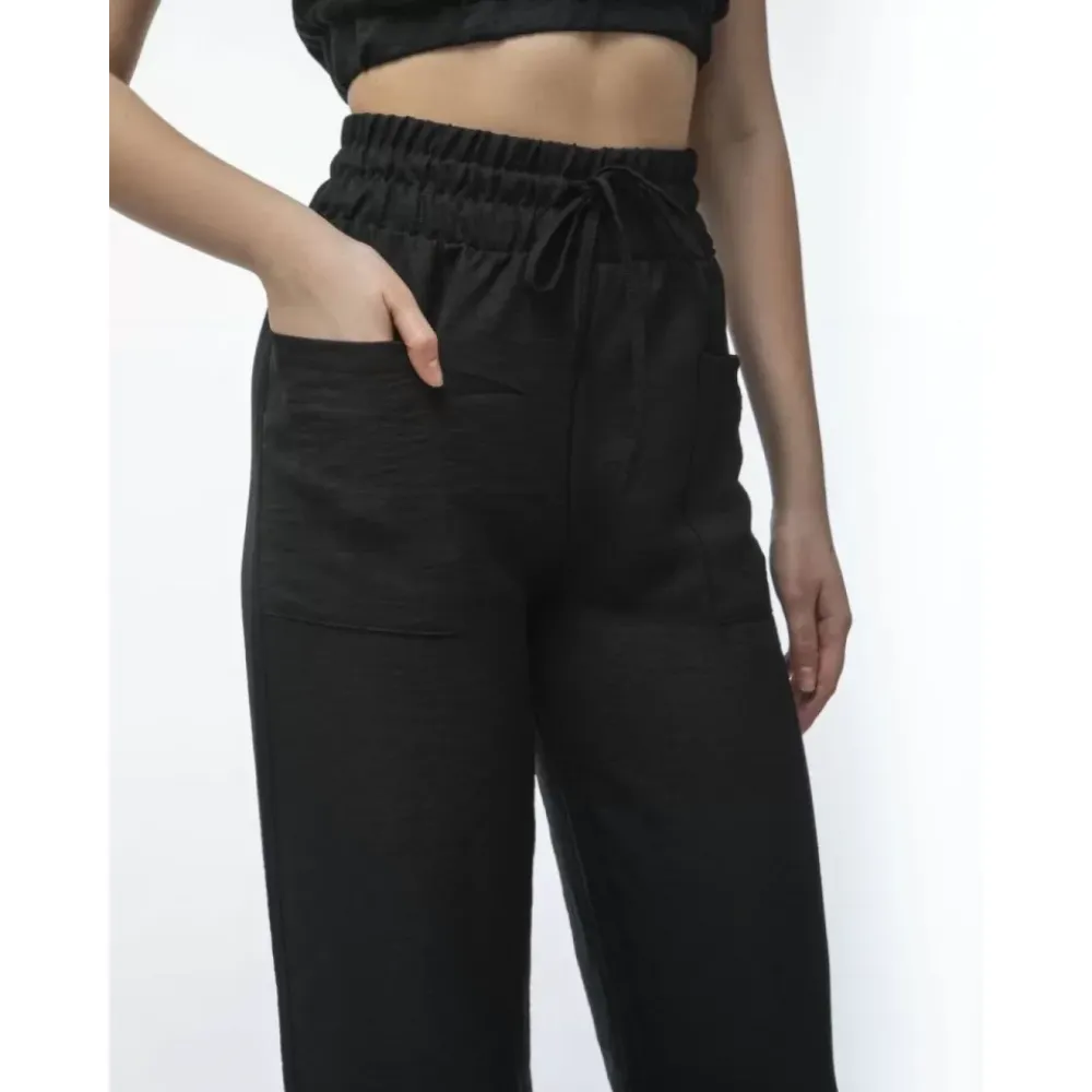 Kadin Keten Pantalon Ve Crop Takım - Siyah